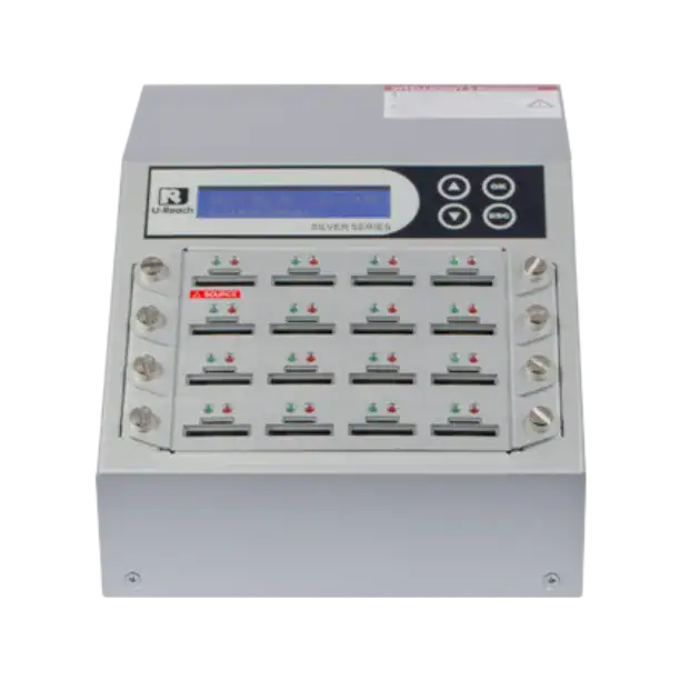 SD916S U-Reach SD/microSD Duplicator 1-to-15 standalone cloner with 100% compare, quick format, flash quality check, and no PC required.
